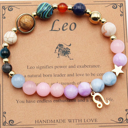 Morgan Stone beaded bracelet with twelve constellation designs, showcasing personalised zodiac signs.