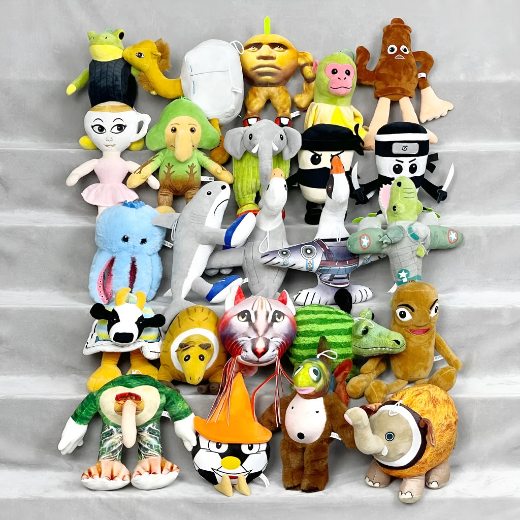 Assorted shark figurine hybrid plush toys including crocodile bomber and fish head orangutan designs.