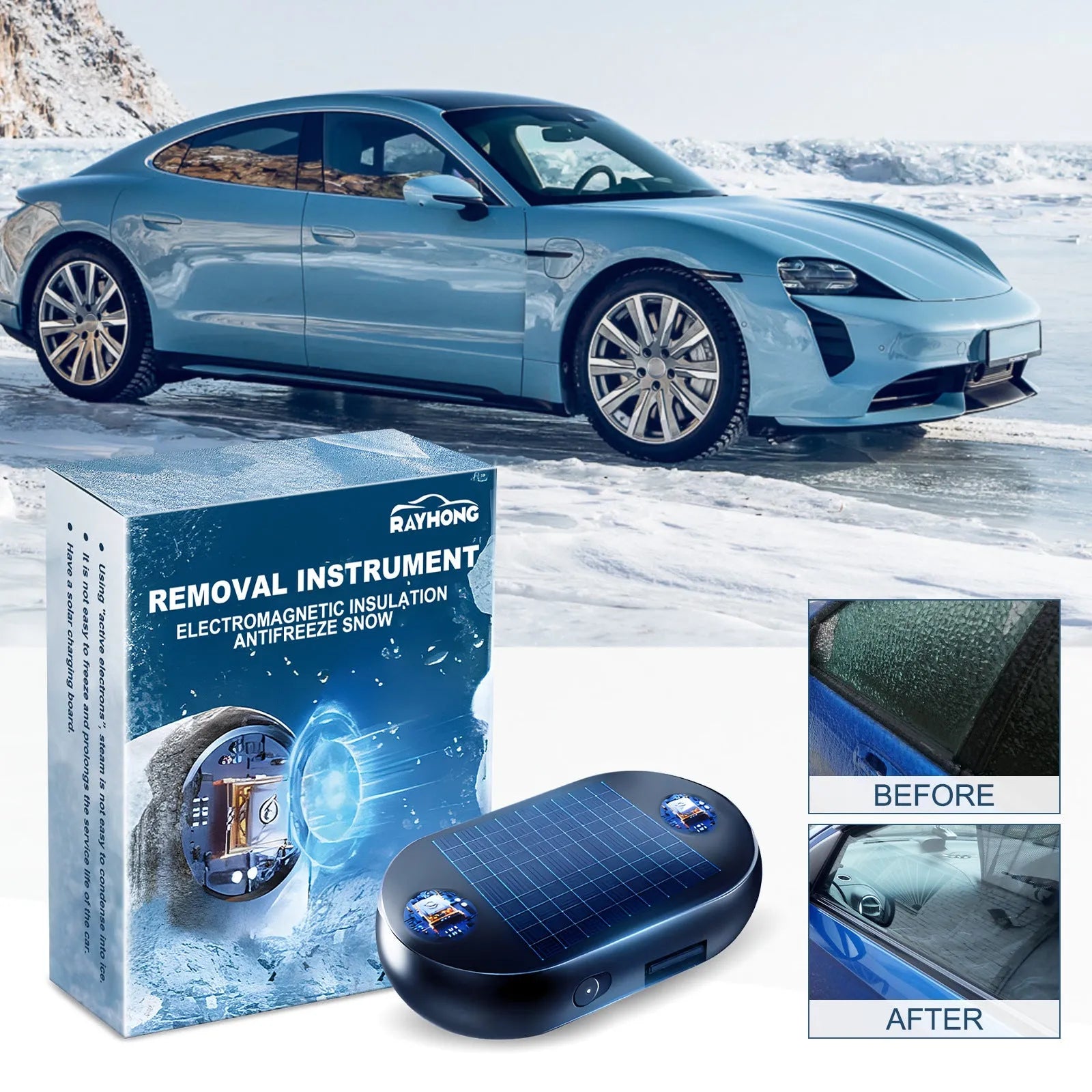 Portable car windshield de-icer tool with switch and double-sided tape for winter ice removal