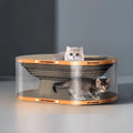 White transparent diamond-pattern cat scratch board and tunnel nest toy for indoor cats.