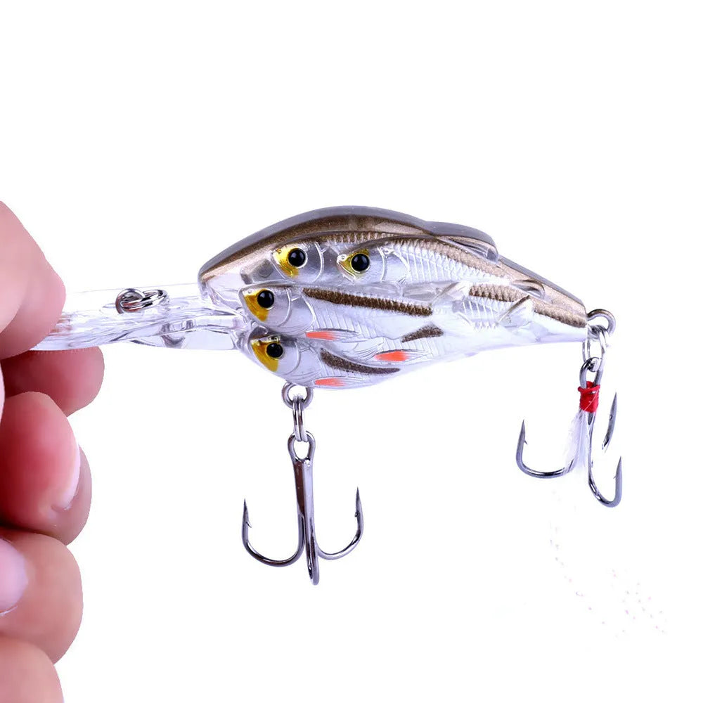 A 7.5 cm long ABS plastic fishing lure with a feather hook, shown in one of nine available colours.