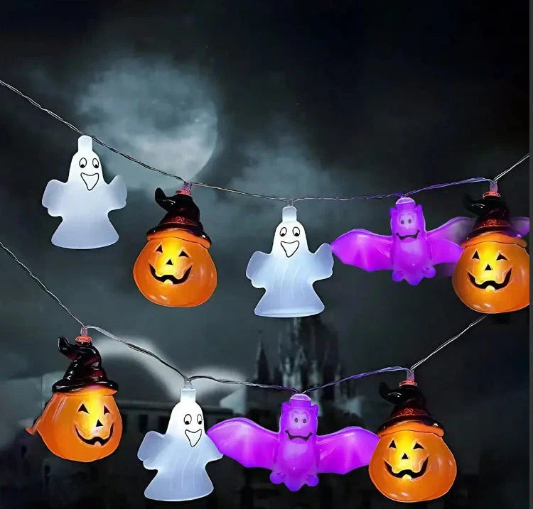 Battery-powered Halloween lighting chain with pumpkin, ghost, and bat-shaped LED lights