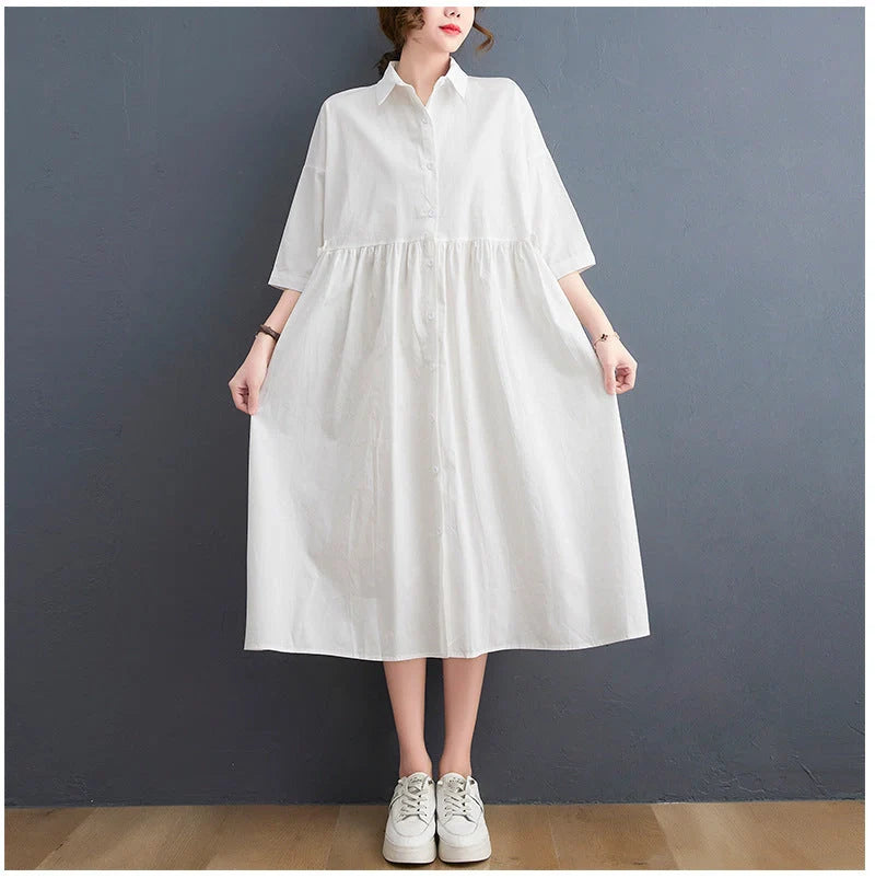 Women's linen casual loose fit short sleeve dress with POLO collar in white and black