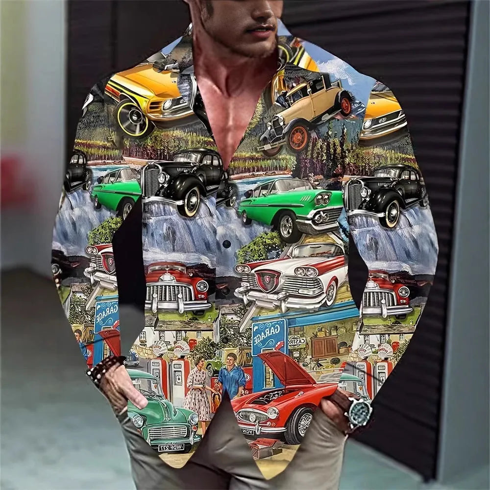 Men's Hawaiian shirt with floral pattern, long sleeves, and loose cardigan fit