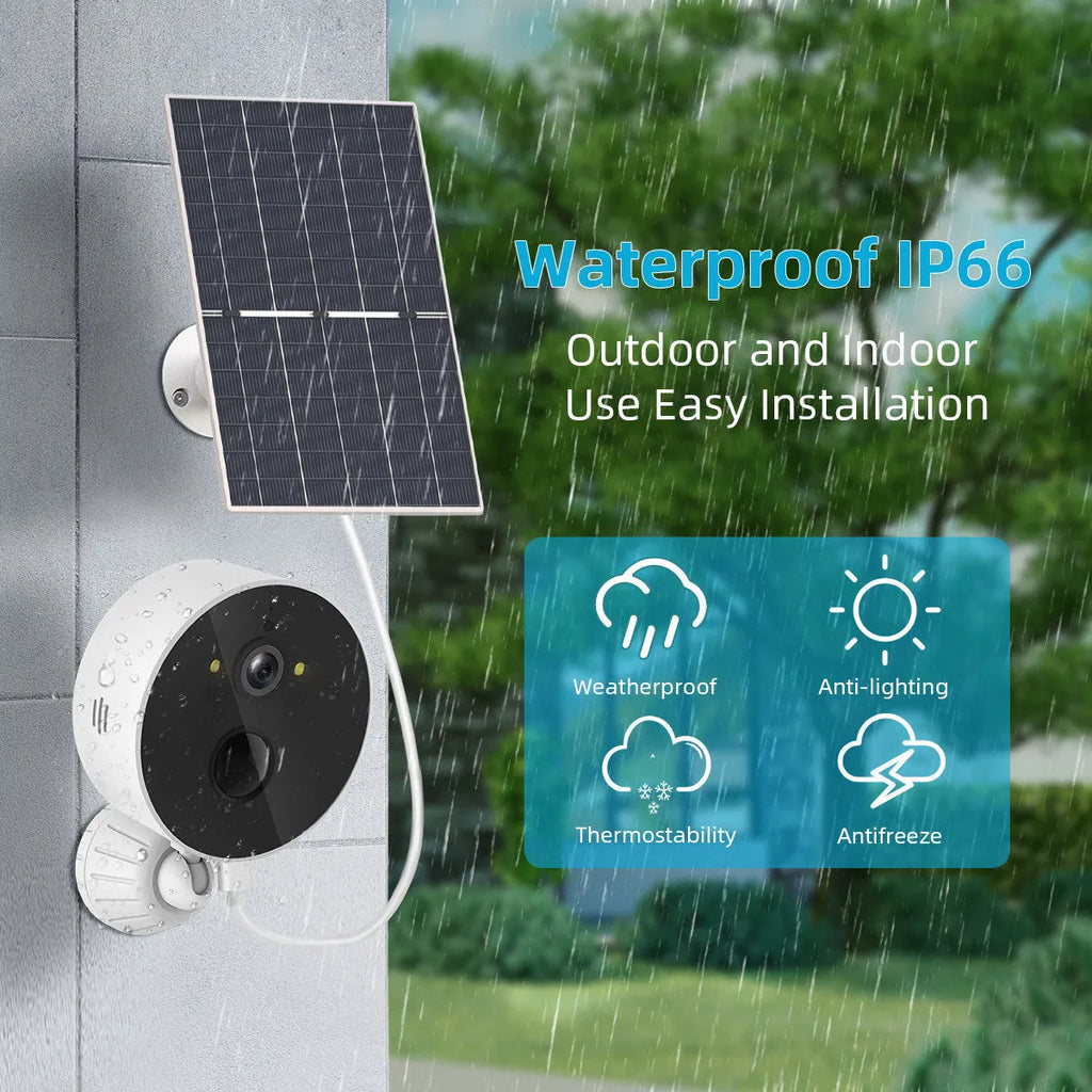 Outdoor security camera with attached solar panel on a wall mount