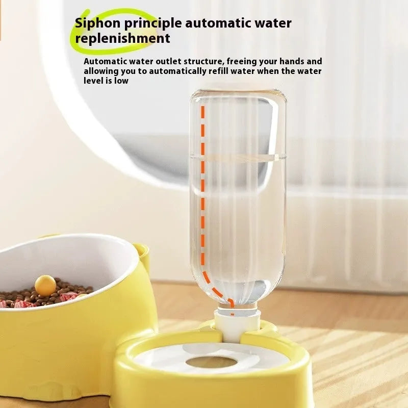 Double bowl automatic cat feeder with ceramic weighted base in haze blue colour.