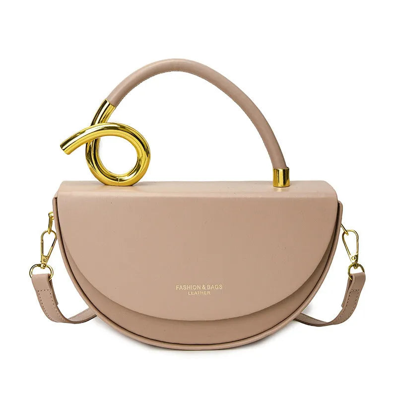 Solid colour PU oval saddle bag with zipper interior in khaki