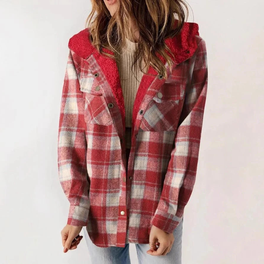 Casual plaid hooded woolen coat with fleece lining in various colours