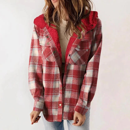 Casual plaid hooded woolen coat with fleece lining in various colours