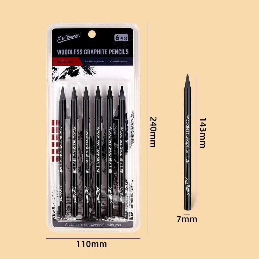 Set of six wood-free graphite art pencils with different grade markings: HB, 2B, 4B, 6B, 8B, and EE.