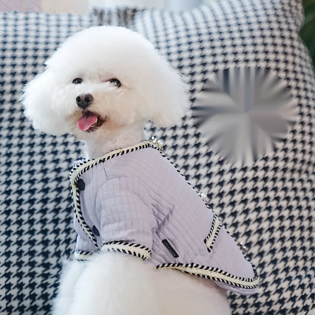 Quilted polyester dog coat with cartoon pattern in light purple colour on medium-sized dog