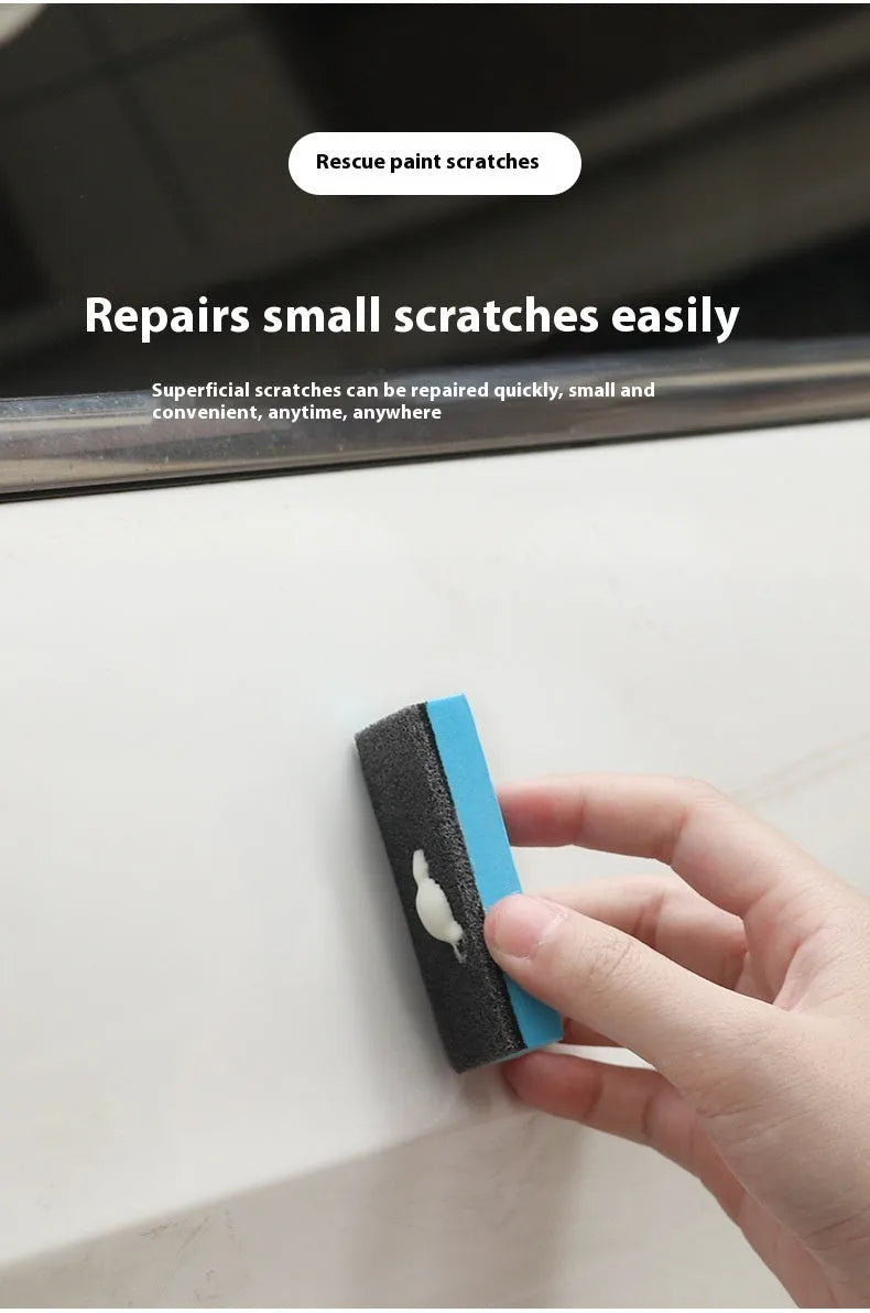 Car repair wax kit with bottles of A and B wax and an abrasive sponge mop for scratch removal and polishing.