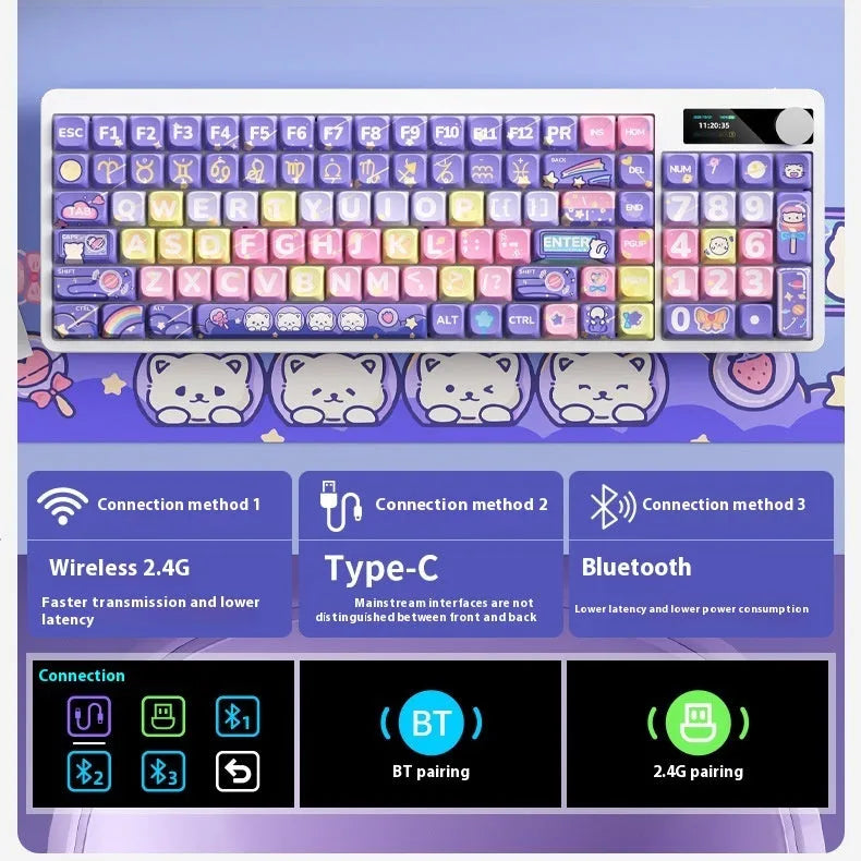 Black iron mechanical keyboard with RGB backlighting and full key layout on a desk