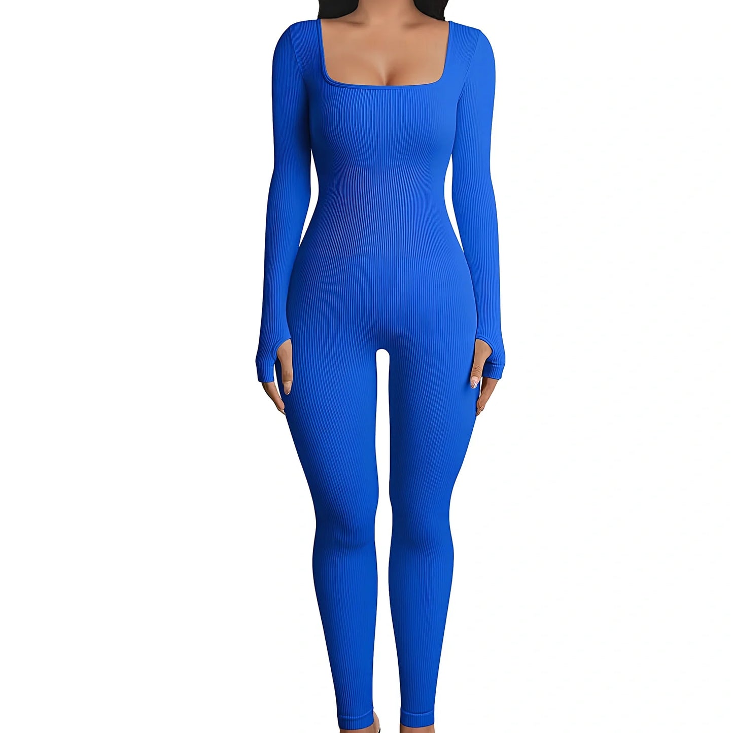 Black threaded square collar jumpsuit with slimming buttocks panel, cotton fabric, sizes S-3XL, 140cm length