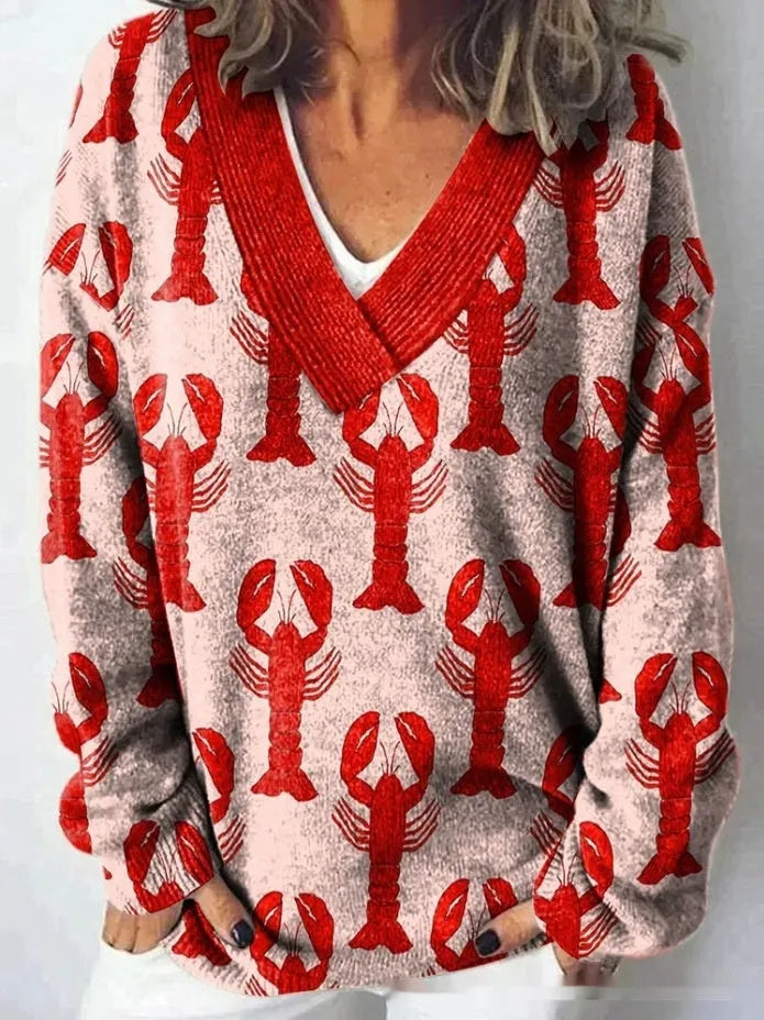 Women's V-neck long sleeve sweatshirt with a detailed 3D floral print in a retro art style.