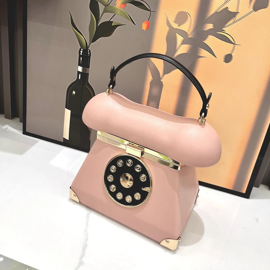 Women's landline phone-shaped handbag in PU leather available in black, brown, pink, red with retro European American style