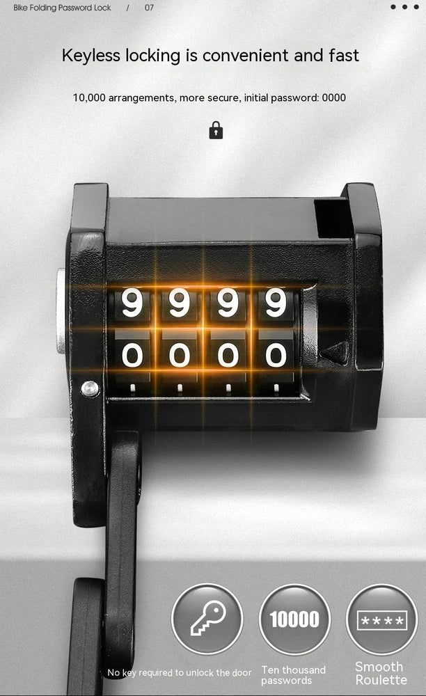 Black bicycle combination lock with flip-action mechanism and 4-digit dials for key-free security
