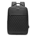 Men's Oxford cloth travel backpack in black showing curved shoulder strap and diamond mesh back panel