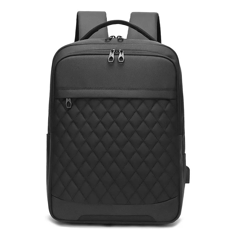 Men's Oxford cloth travel backpack in black showing curved shoulder strap and diamond mesh back panel