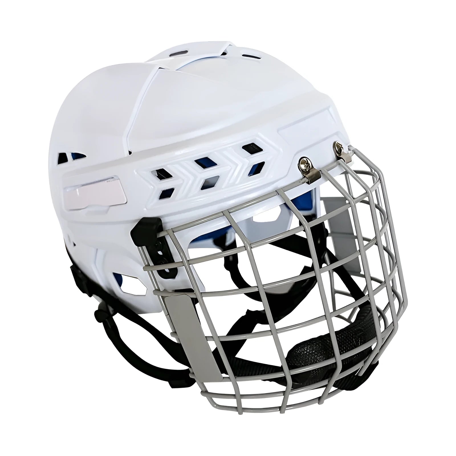 Ice hockey and ball hockey helmet with a carbon steel face mask, shown in a neutral colour.