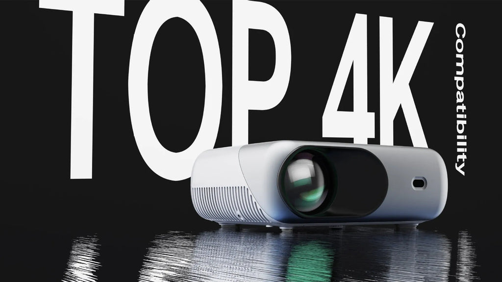 White portable WiFi HD 1080p projector with focus ring and remote control on a table