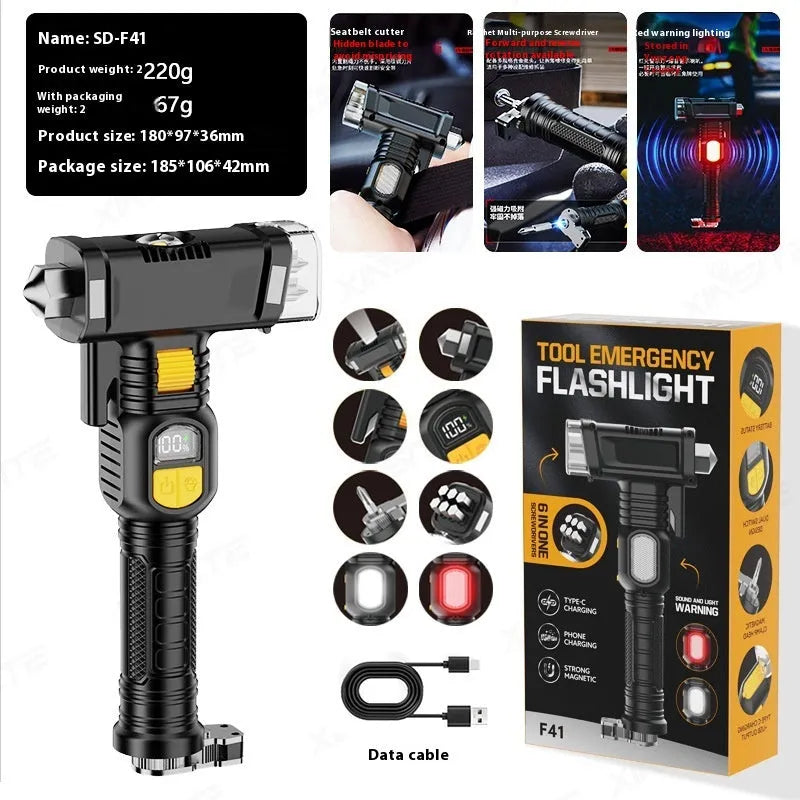 16-function automobile safety hammer flashlight with red warning light and power bank, ABS construction, 1800mAh battery