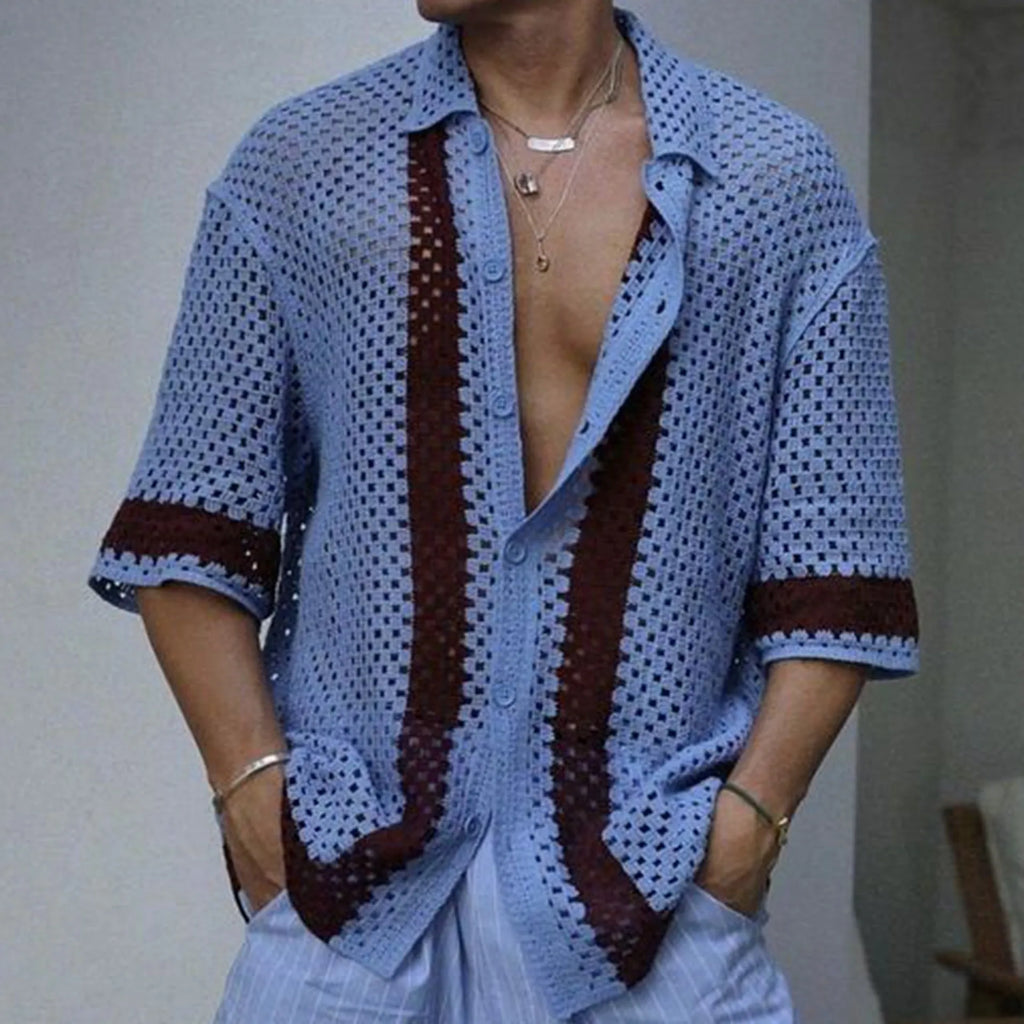 Men's blue hollow knit viscose cardigan with short sleeves and open front, shown on model