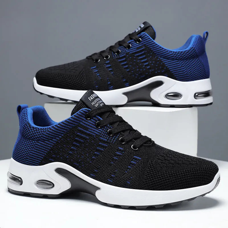 Men's low-top casual sneakers in black and blue with Flyknit mesh upper and flat sole.