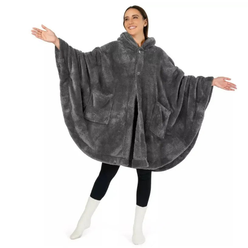 Thickened long sleeve hooded bathrobe in black, dark grey or pink polyester.