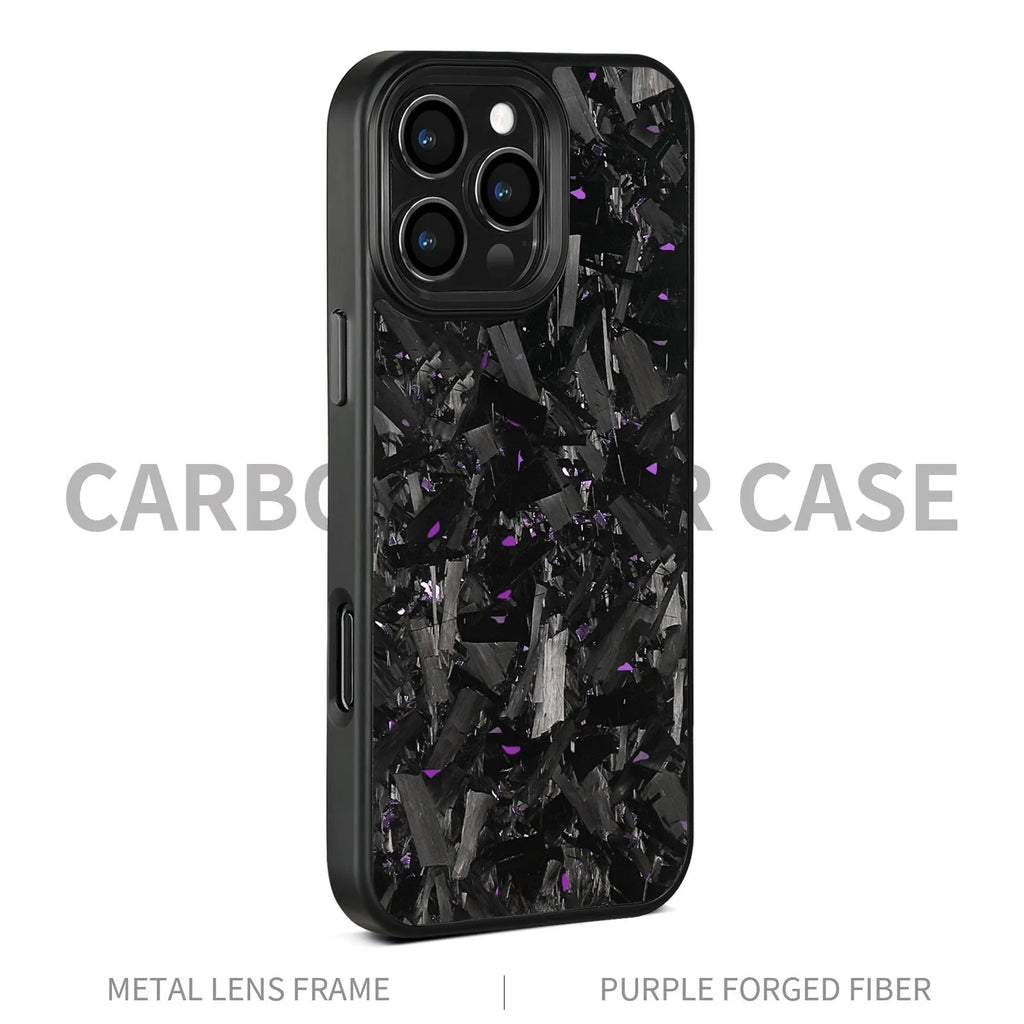Forged pattern metal frame and carbon fibre protective case for iPhone 17, shown in black frame blue gold colour with magnetic feature.
