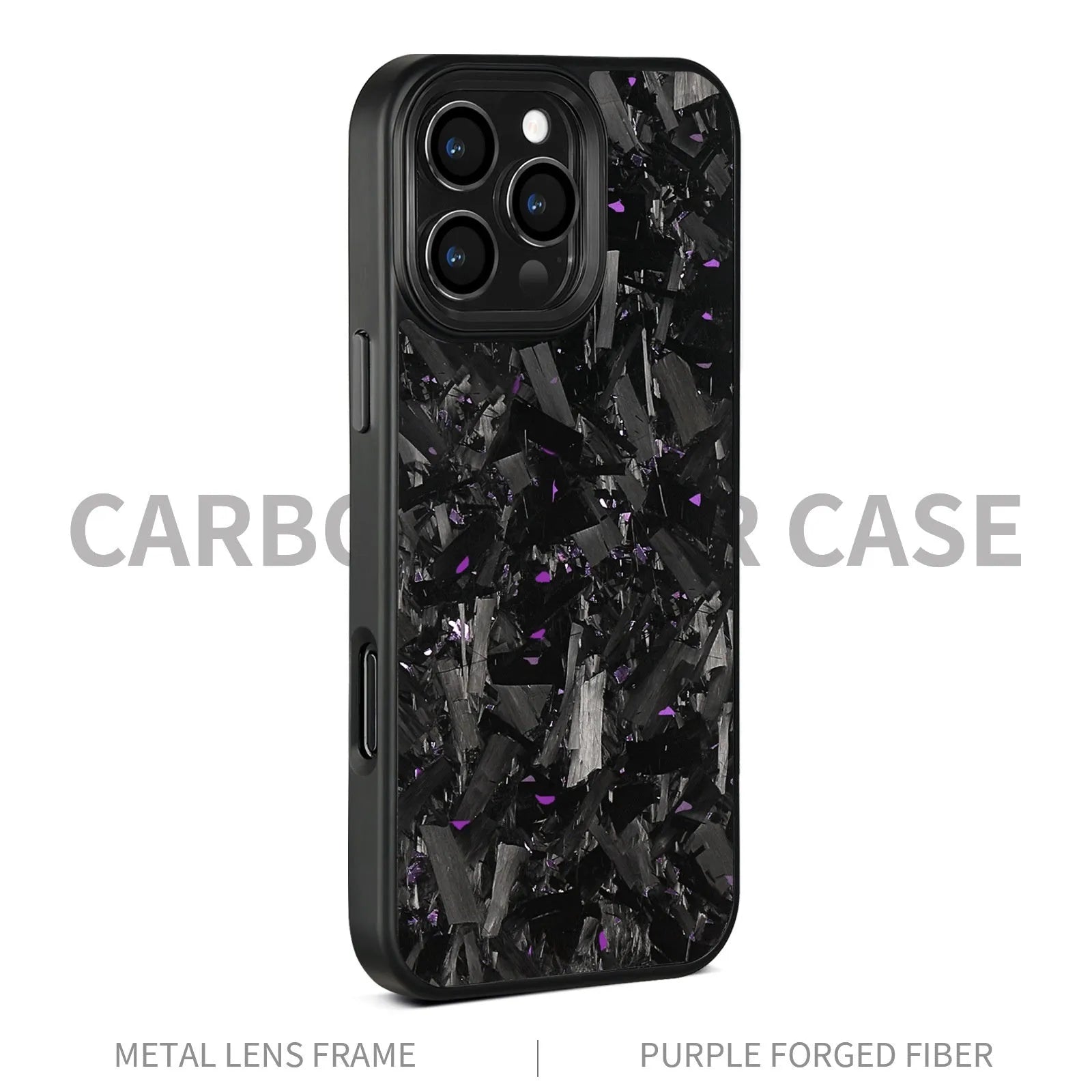 Forged pattern metal frame and carbon fibre protective case for iPhone 17, shown in black frame blue gold colour with magnetic feature.