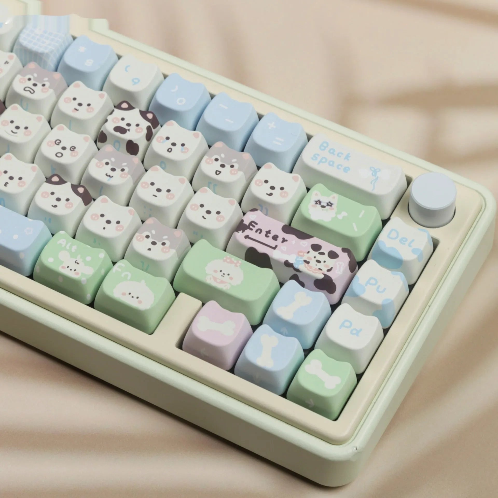 PBT sublimation keycap set showing colourful cat and puppy designs for mechanical keyboards