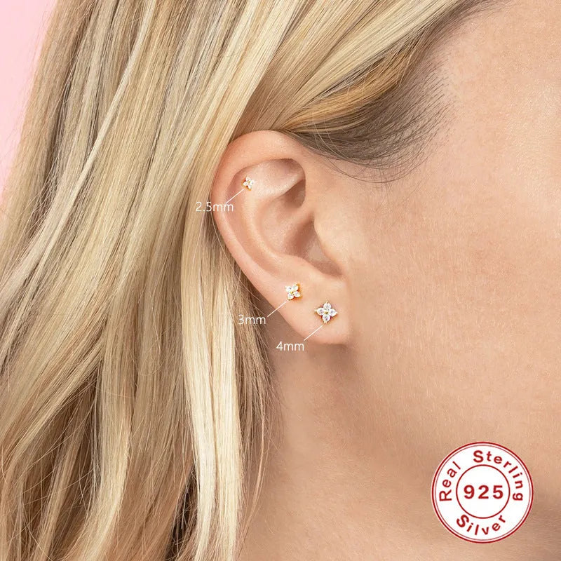 S925 sterling silver stud earrings with geometric crystal flower design in golden or platinum finish