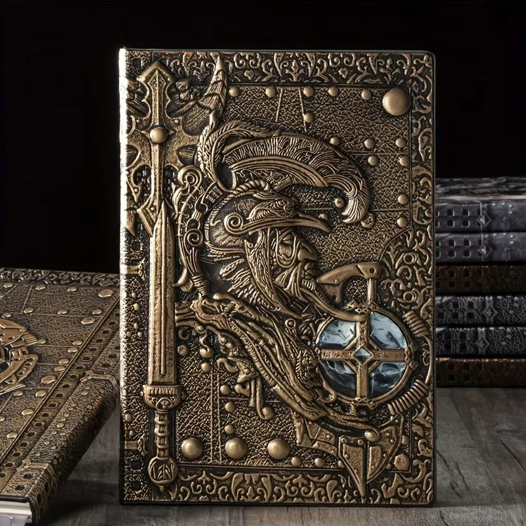Handmade leather A5 notebook with embossed 3D Warriors relief design, shown open.