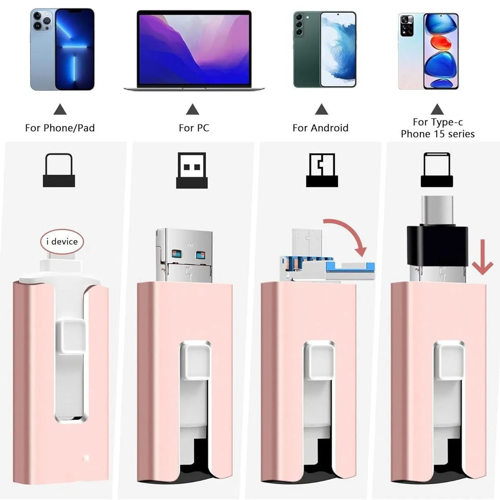 Multifunctional metal USB thumb drive with push-pull mechanism, Lightning and OTG connectors, in black