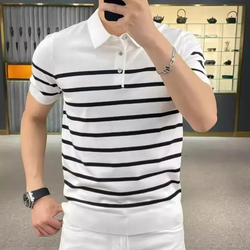Black and white striped knitted T-shirt with a lapel collar, shown in Asian sizes M L XL 2XL 3XL.
