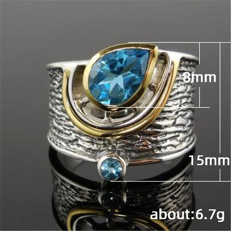 Women's Chinese style blue zircon ring with drop shape design and alloy metal construction