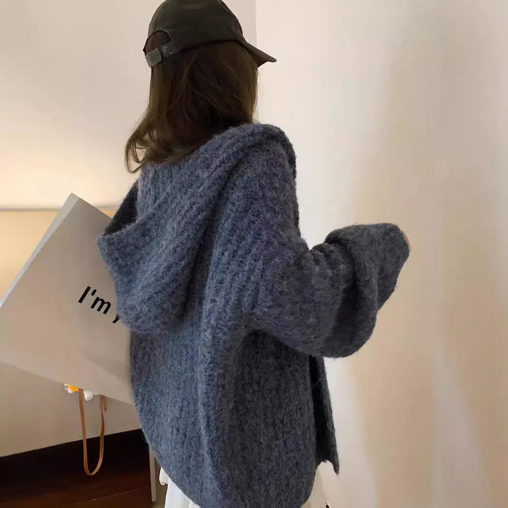 Women's dark grey retro-style hooded sweater cardigan on a hanger.