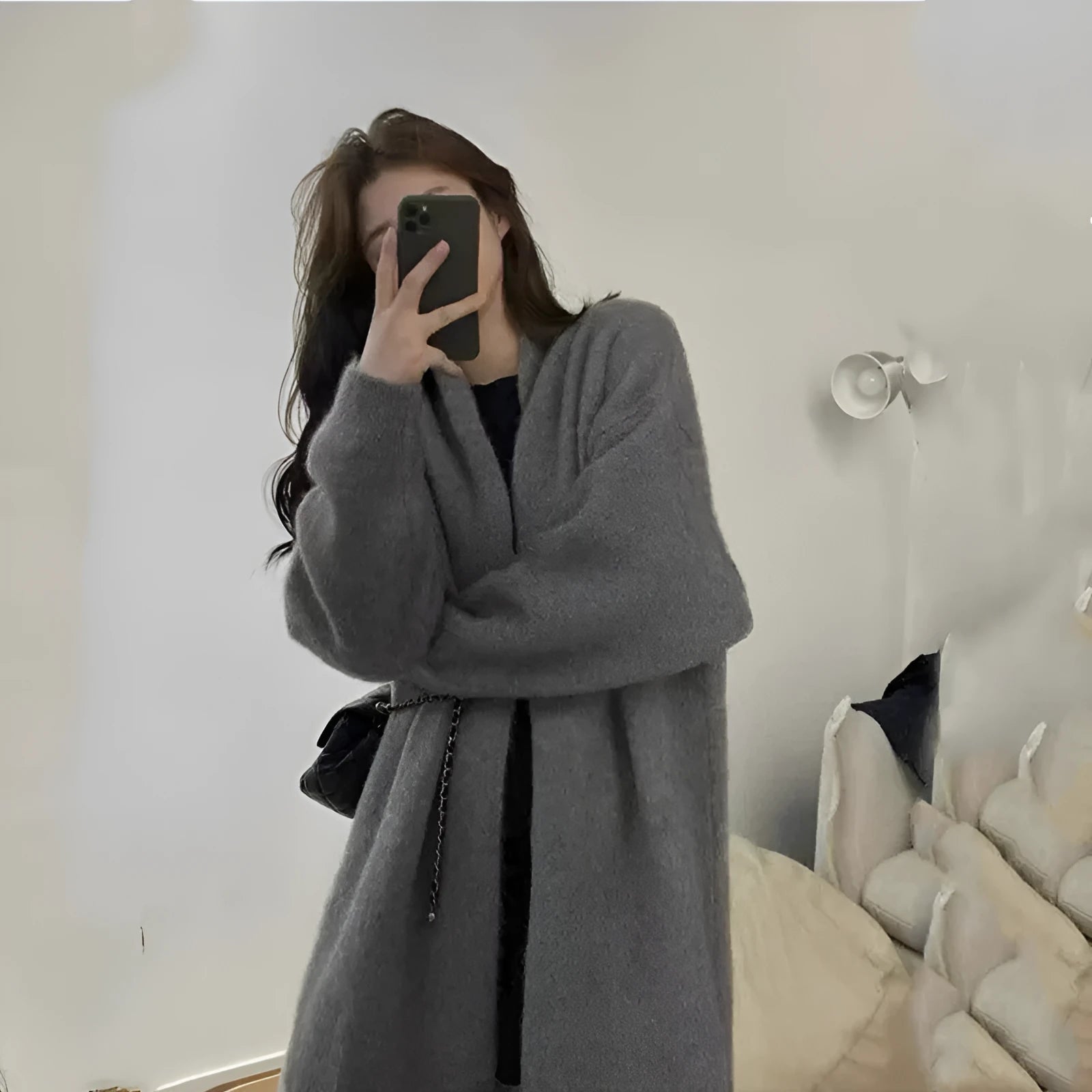 Loose dark grey knitted chenille cardigan for women with a 3D pattern and long sleeves
