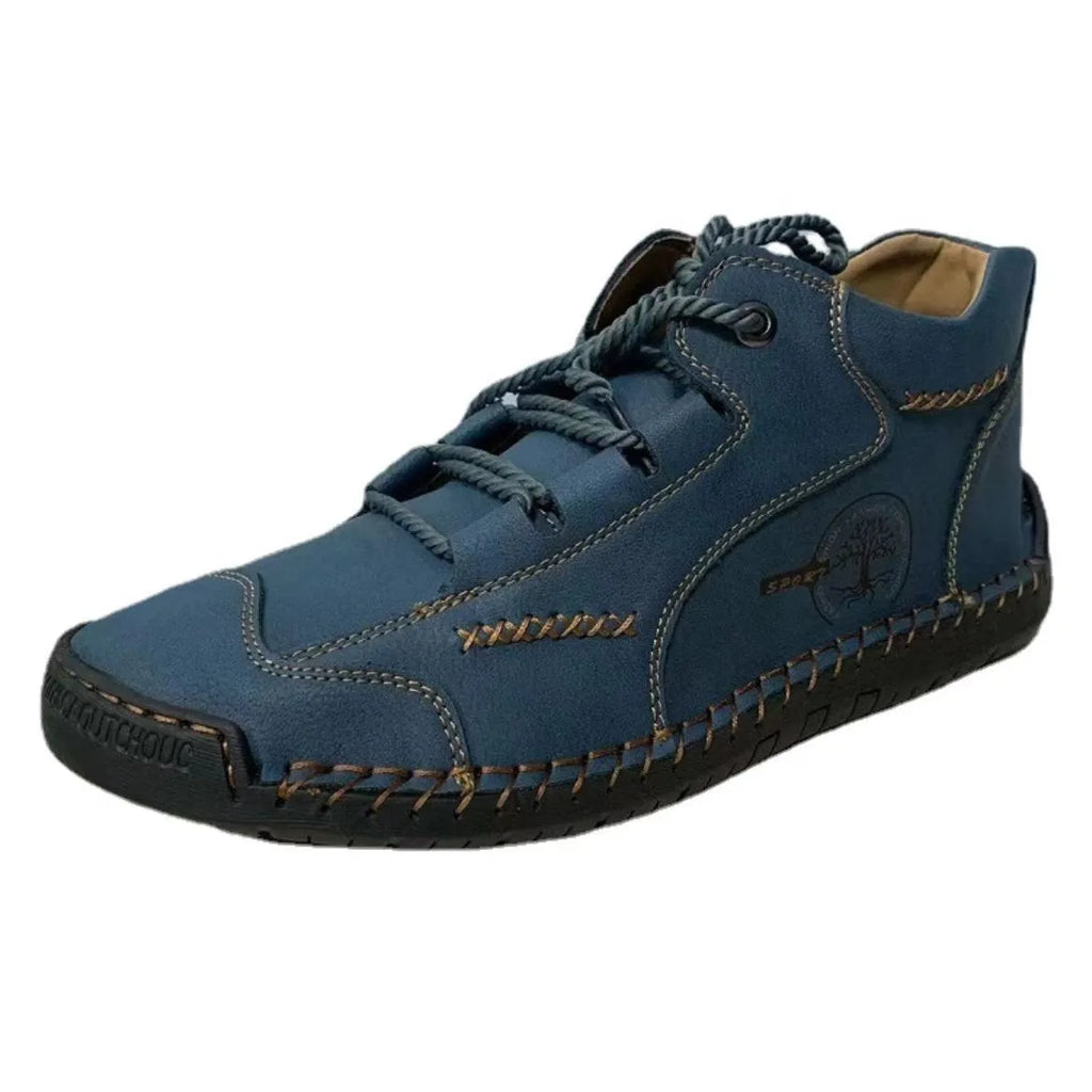 Men's brown leather high-top boots with lace-up front and flat rubber sole