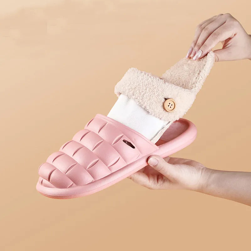 Plaid detachable EVA slippers with non-slip soles and plush lining in pink, green, yellow, white, grey, and black.