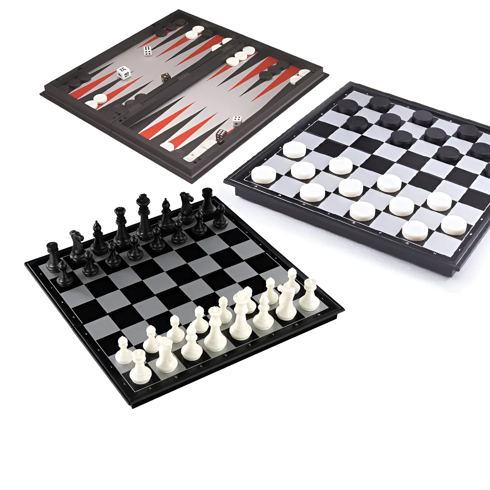 Three-in-one magnetic chess checkers backgammon board game set with plastic board and ABS pieces