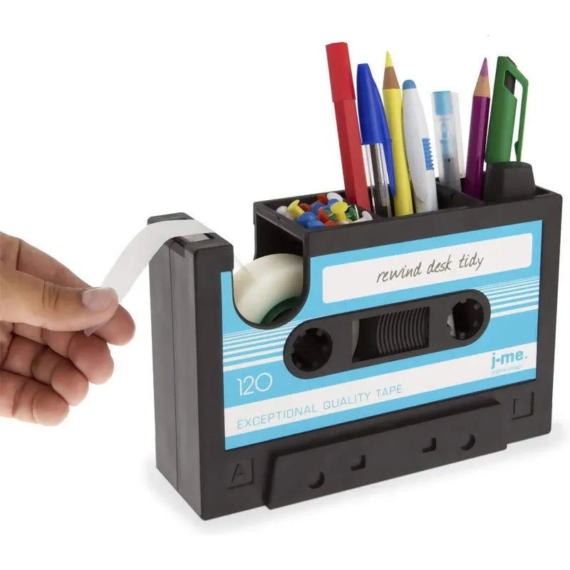 Multifunctional plastic pen holder storage box in blue, small size 17x5x11.5cm on a desktop with stationery and cables
