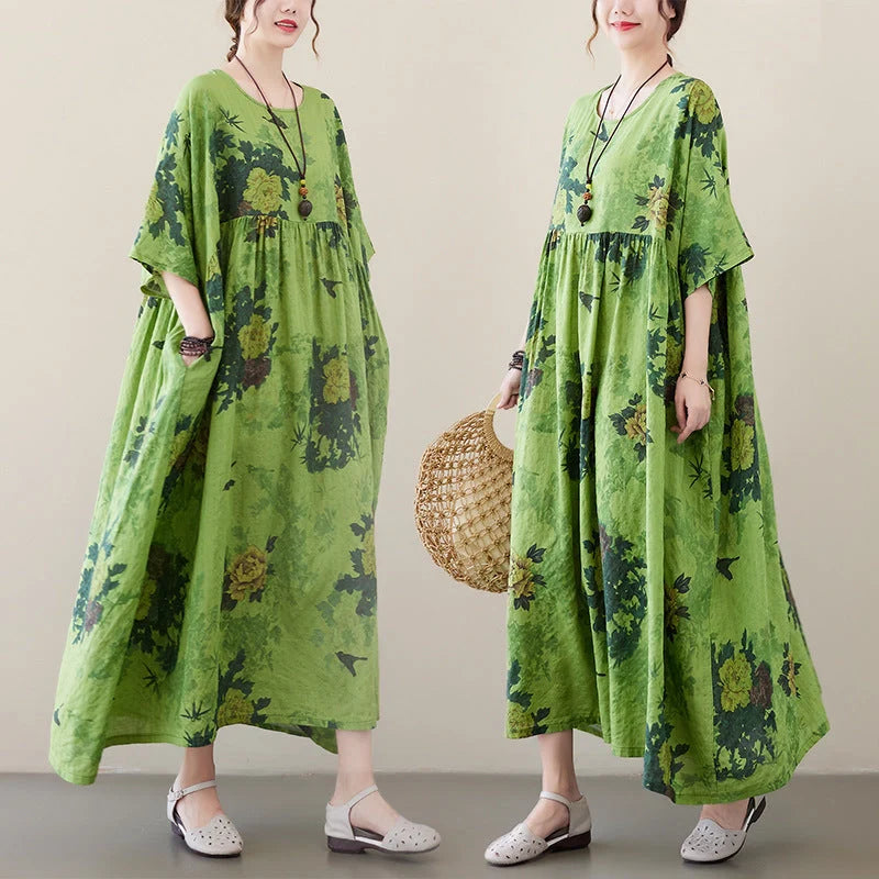 New Renaissance cotton blend round neck dress with large swing skirt in green