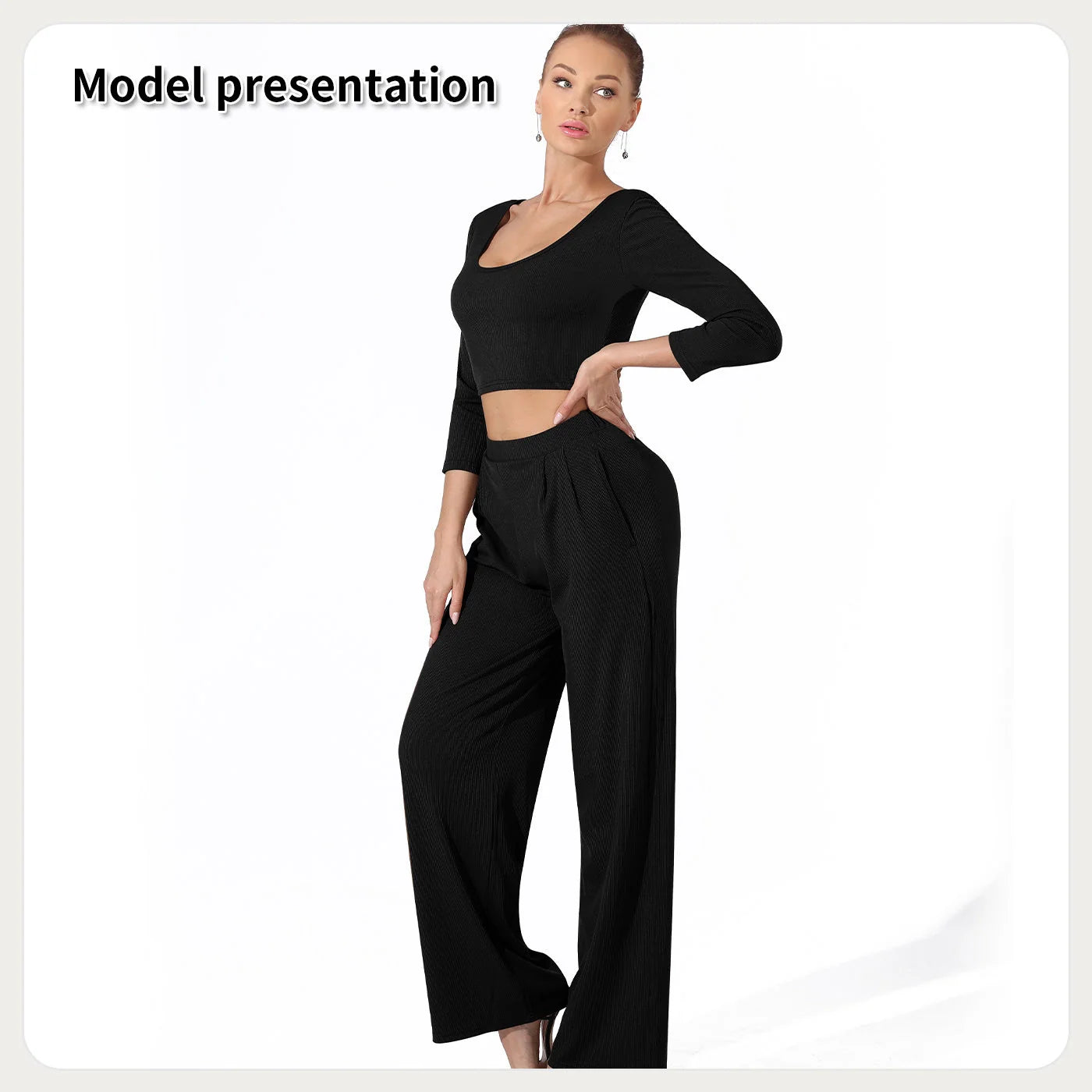 Women's solid colour top and pants set in black or coffee, perfect for versatile styling.