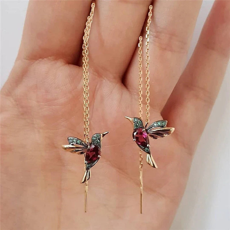Little Bird Drop Hummingbird Earrings with Crystal Pendant in three finishes