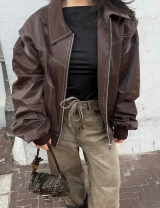 Women's Loose Fashion Lapel Zip-up Jacket in wine red, black, and green with princess sleeves