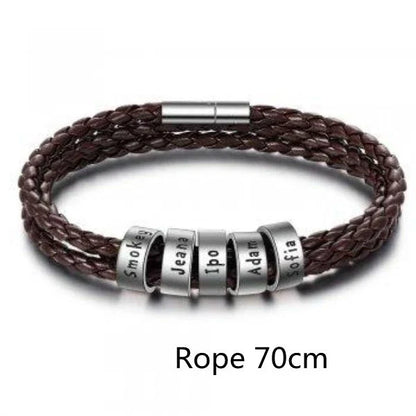 Personalized braided leather bracelet with engraved charm for men, available in black, brown, and navy colors