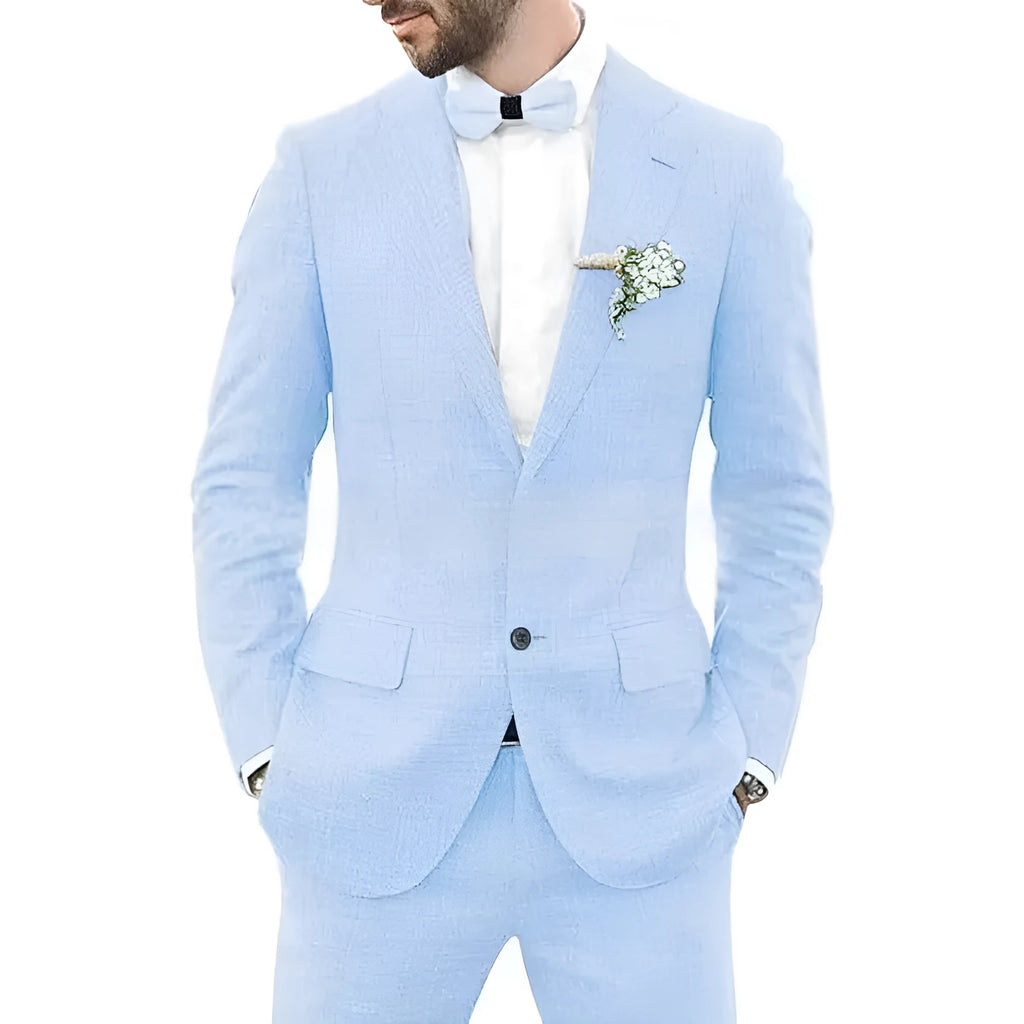 Men's slim fit two-piece suit in hemp blend fabric for weddings and parties in multiple colour options