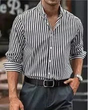 Men's loose fit striped casual button shirt in polyester fabric with cardigan style